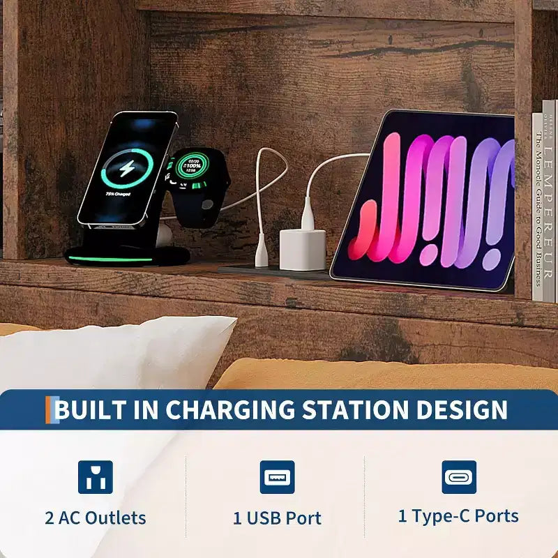 Cadre de lit Acekool complet - Tête de lit de rangement de 51" avec station de charge
