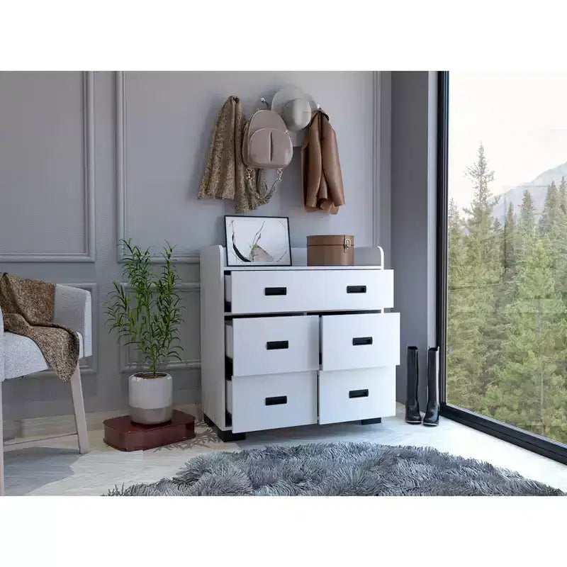 Commode de chambre moderne Okak avec 1 double tiroir et 4 tiroirs simples, grand meuble de rangement pour salon, couloir, entrée