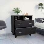 Commode de chambre élégante Okak avec 2 tiroirs et 2 étagères, grand placard de rangement pour salon, couloir, entrée