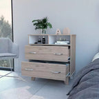 Commode de chambre élégante Okak avec 2 tiroirs et 2 étagères, grand placard de rangement pour salon, couloir, entrée