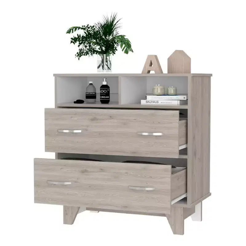 Commode de chambre élégante Okak avec 2 tiroirs et 2 étagères, grand placard de rangement pour salon, couloir, entrée
