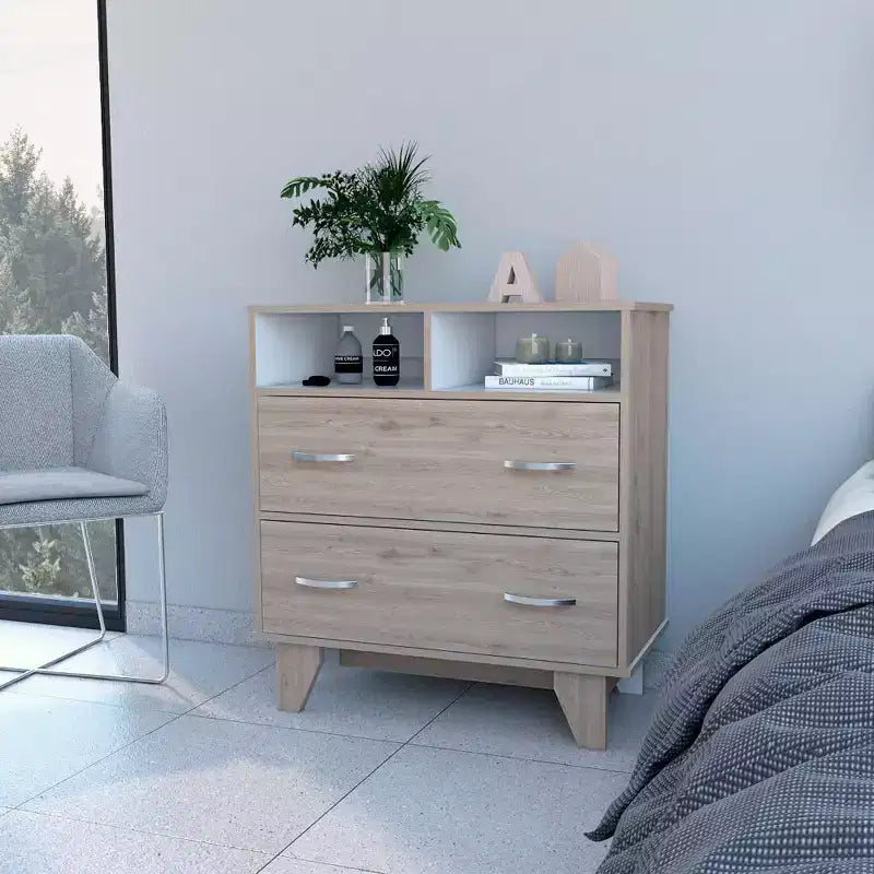 Commode de chambre élégante Okak avec 2 tiroirs et 2 étagères, grand placard de rangement pour salon, couloir, entrée