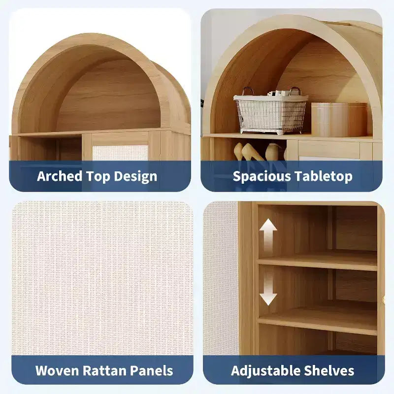 Buffet de rangement autoportant moderne arqué de 119 cm avec portes en rotin, pour salon, salle à manger, cuisine, naturel