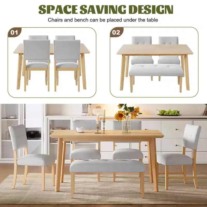 MAYEERTY Ensemble de salle à manger 6 pièces style ferme, Table en bois massif, 4 chaises et banc, Lavis bois naturel