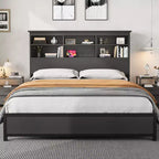 King Size Bed Frame with Bookcase Headboard, King Platform Bed with 2-tier Storage & Charging Station, No Box Spring Needed Easy AssembleBlack