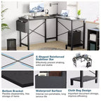 Bureau d'ordinateur en forme de L avec étagère de rangement pour unité centrale et sac latéral, table d'angle de jeu/bureau/écriture de 50 pouces avec cadre métallique - 50,00 x 43,30 x 29,50 (Noir)
