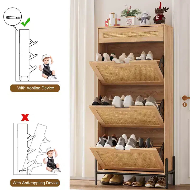Meuble à chaussures en rotin naturel, 3 portes abattantes avec 1 tiroir, meuble de rangement autonome avec étagères réglables à 3 niveaux pour l'entrée