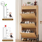 Meuble à chaussures en rotin naturel, 3 portes abattantes avec 1 tiroir, meuble de rangement autonome avec étagères réglables à 3 niveaux pour l'entrée