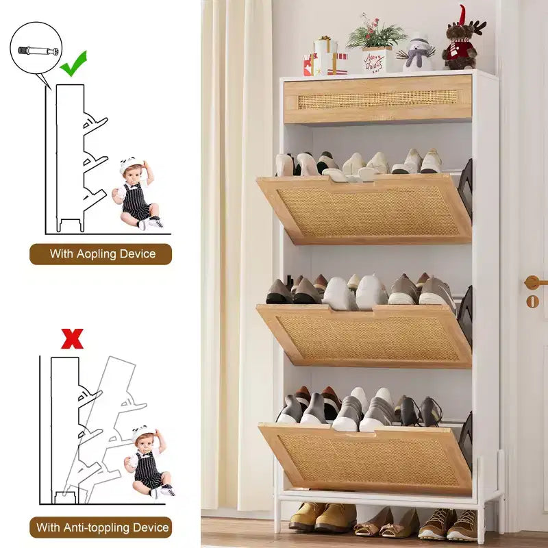 Meuble à chaussures en rotin naturel, 3 portes abattantes avec 1 tiroir, meuble de rangement autonome avec étagères réglables à 3 niveaux pour l'entrée