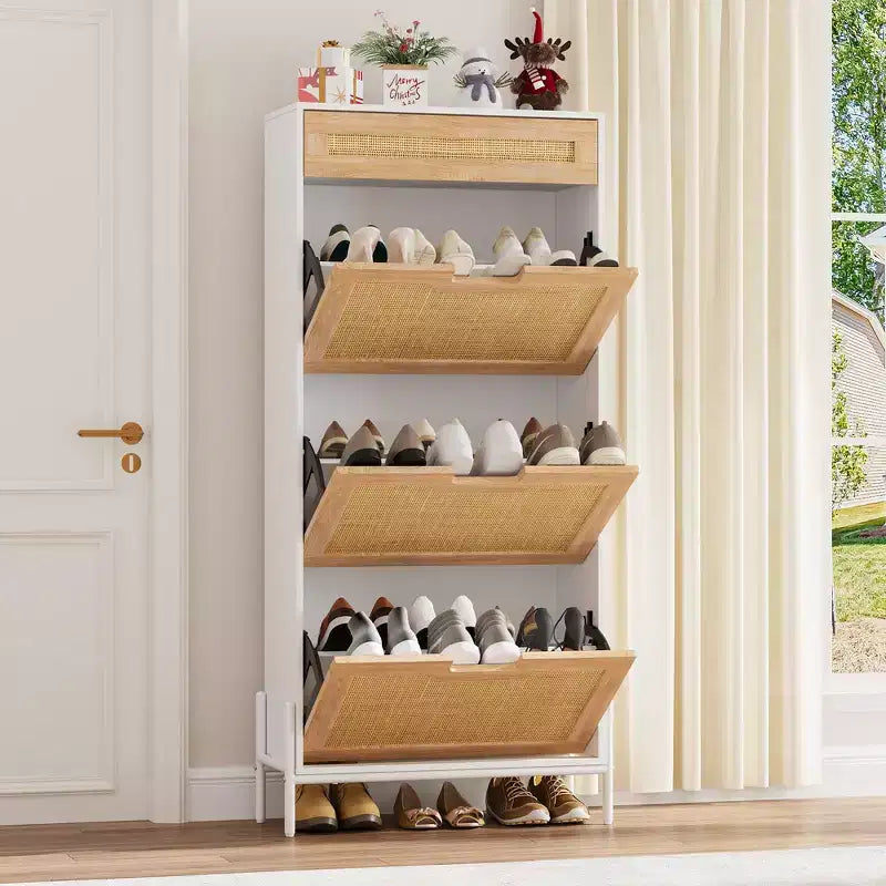 Meuble à chaussures en rotin naturel, 3 portes abattantes avec 1 tiroir, meuble de rangement autonome avec étagères réglables à 3 niveaux pour l'entrée