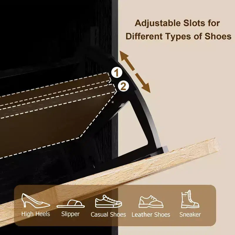 Meuble à chaussures en rotin naturel, 3 portes abattantes avec 1 tiroir, meuble de rangement autonome avec étagères réglables à 3 niveaux pour l'entrée