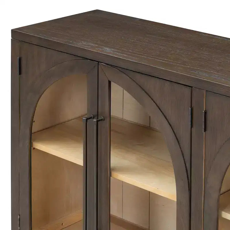 MAYEERTY Bahut de rangement 4 portes avec portes vitrées et étagères réglables pour salon ou cuisine, couleur expresso