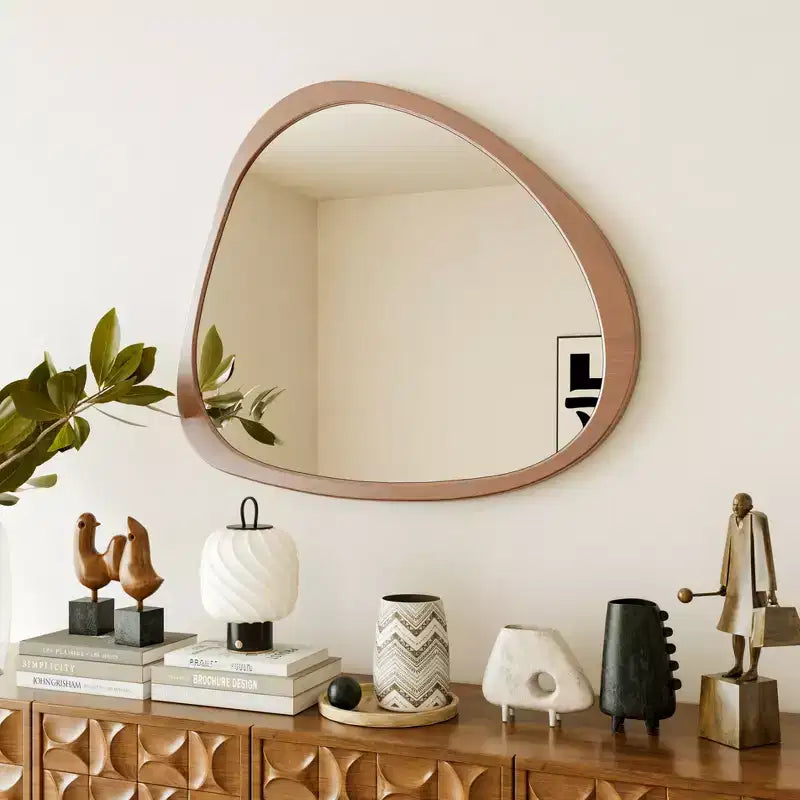 Miroir Asymétrique en Bois Massif 45 Pouces, Miroir Mural avec Cadre en Bois, Grand Miroir de Chambre/Coiffeuse