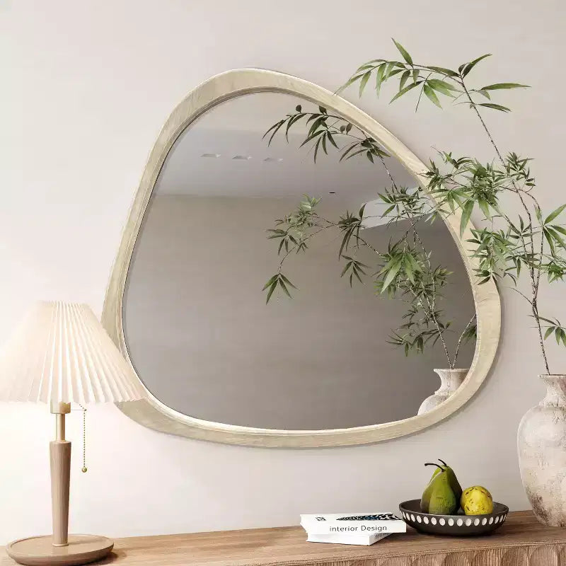 Miroir Asymétrique en Bois Massif 45 Pouces, Miroir Mural avec Cadre en Bois, Grand Miroir de Chambre/Coiffeuse
