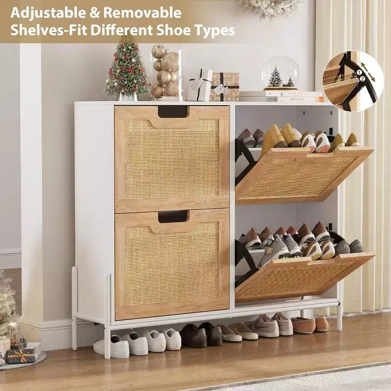 Meuble de rangement en rotin naturel avec 2 tiroirs basculants, meuble à chaussures en bois pour entrée avec rangement, étagère réglable et pieds en métal