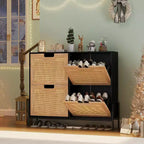 Natural Rattan Storage Cabinet with 2 Flip Drawers, Wooden Entry Way Shoe Cabinet with Storage with Adjustable Shelf and Metal Legs
