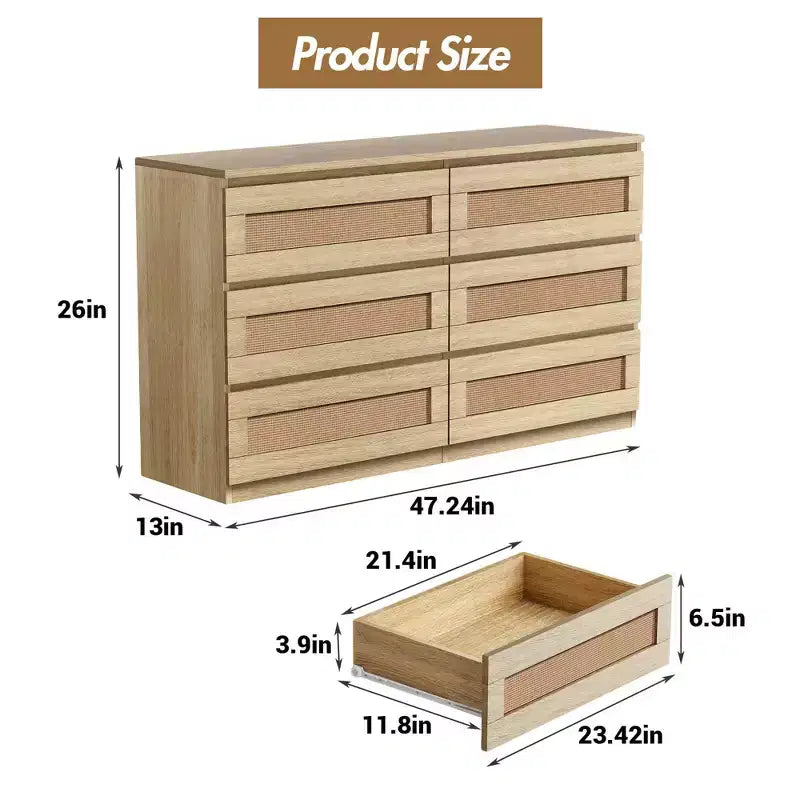 Commode en rotin à 6 tiroirs - Meuble de rangement en bois mince, Organisateur autoportant pour chambre et entrée