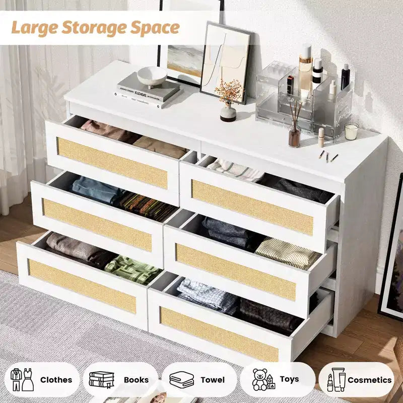 Commode en rotin à 6 tiroirs - Meuble de rangement en bois mince, Organisateur autoportant pour chambre et entrée