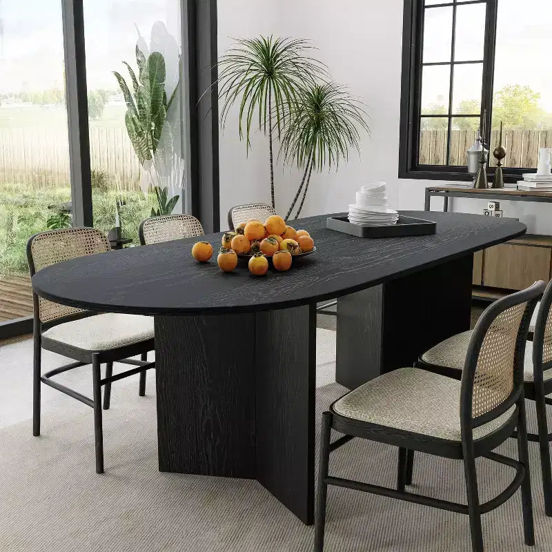 Grande table à manger ovale noire 79 Farmhouse pour 6 à 8 personnes avec pieds en V pour salle à manger et salon