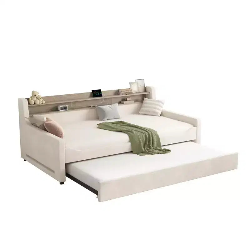 Lit de repos double AMERLIFE avec lit gigogne, lit rembourré avec tête de lit de rangement, LED et station de recharge, cadre d'angle en velours pour chambre à coucher/chambre d'amis