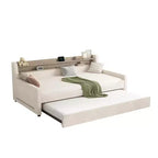 Lit de repos double AMERLIFE avec lit gigogne, lit rembourré avec tête de lit de rangement, LED et station de recharge, cadre d'angle en velours pour chambre à coucher/chambre d'amis