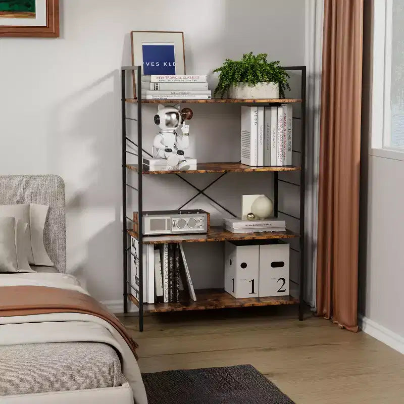 Étagère à 4 niveaux, grande bibliothèque avec cadre en acier, étagères industrielles pour bureau à domicile, salon, étagère rustique pour l'organisation et le rangement