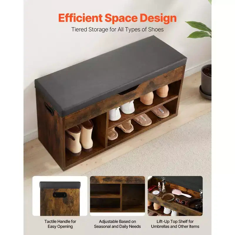 Banc à chaussures d'entrée VEVOR, rangement de chaussures 80,5 x 30,5 x 44,5 cm avec espace de rangement à couvercle relevable, banc 136 kg avec coussin d'assise, marron + noir