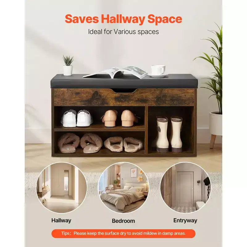 Banc à chaussures d'entrée VEVOR, rangement de chaussures 80,5 x 30,5 x 44,5 cm avec espace de rangement à couvercle relevable, banc 136 kg avec coussin d'assise, marron + noir