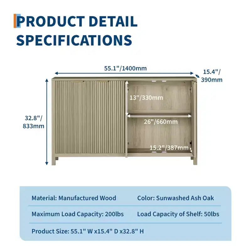 CuisinSmart 55 Buffet cannelé avec rangement, grand buffet avec 4 portes et étagères réglables, table console de buffet de cuisine