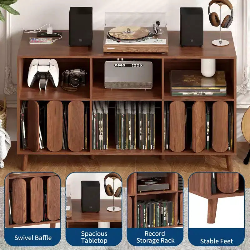 Meuble de rangement pour tourne-disque, meuble de rangement pour disques vinyles, meuble moderne pour platine vinyle avec pieds en bois, table de platine vinyle pour chambre à coucher, salon, bureau