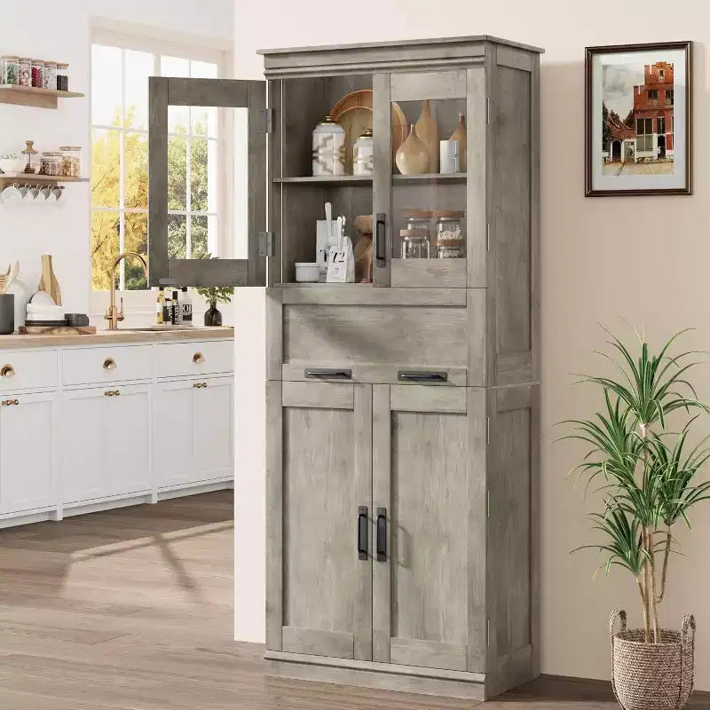 Armoire de rangement haute Acekool avec double portes, étagères réglables et tiroir, accent en verre pour salle de bain, salon, cuisine