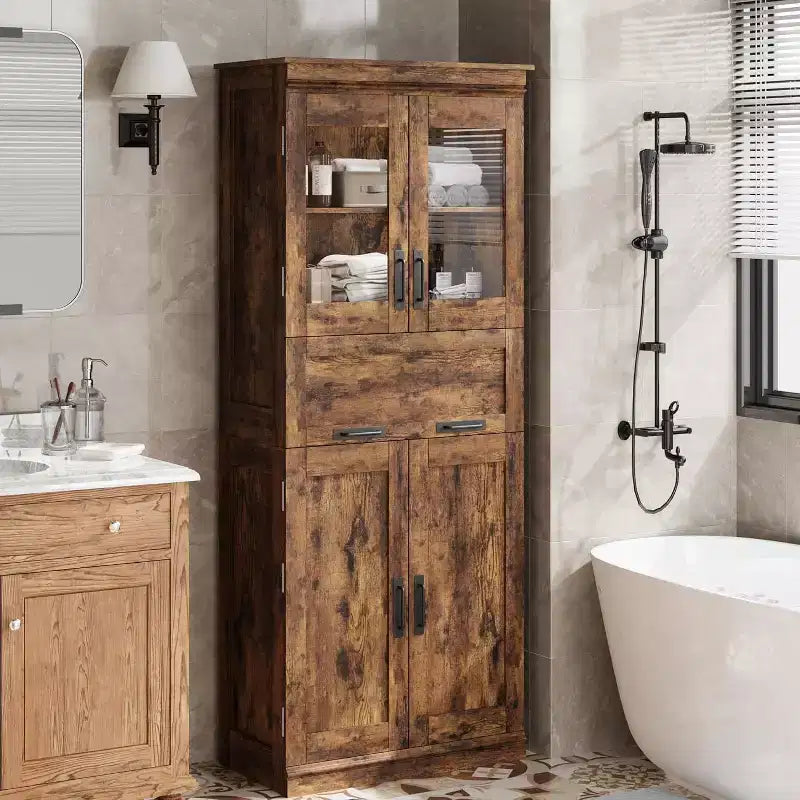 Armoire de rangement haute Acekool avec double portes, étagères réglables et tiroir, accent en verre pour salle de bain, salon, cuisine