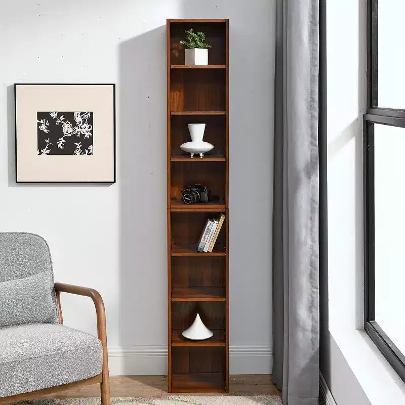 MAYEERTY 8 TierMedia Tower Rack Tall Narrow Bookcase Display Bookshelf with Adjustable Shelves for Home Living Room Walnut