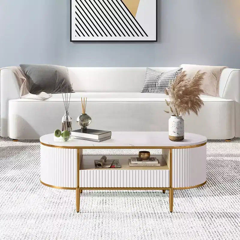 Table basse ovale moderne de 122 cm avec plateau en faux marbre et tiroir, table basse avec rangement et profil incurvé