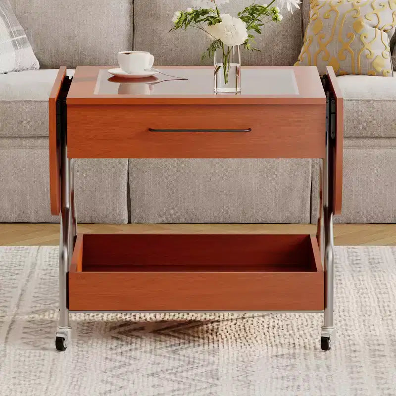 Table basse pliante moderne Zeus & Ruta avec roulettes, 1 tiroir et 2 niveaux de rangement, structure métallique pour salon