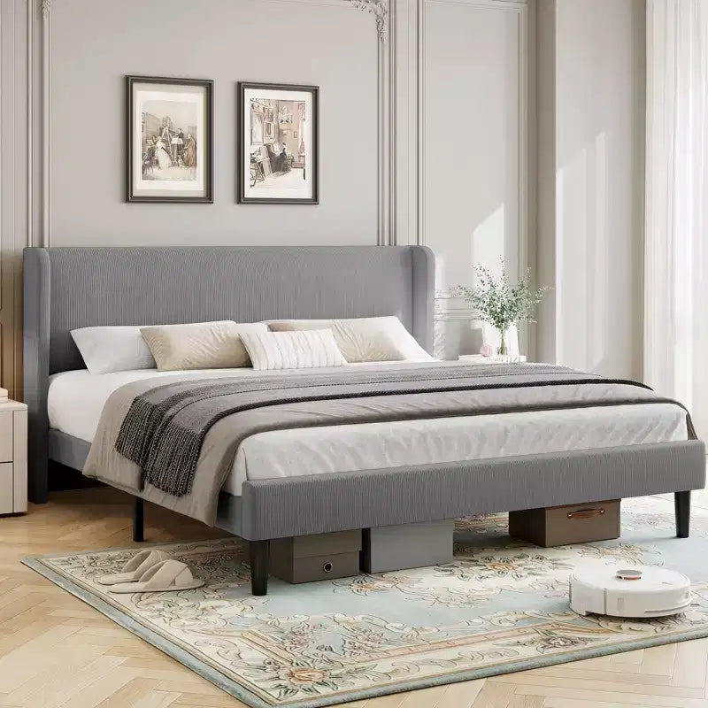 Cadre de lit avec tête de lit capitonnée, lit plateforme en velours, sommier tapissier non requis