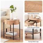 Table d'appoint, table basse ronde avec tiroir et étagères de rangement, table de chevet en bois, table d'appoint pour salon, chambre à coucher