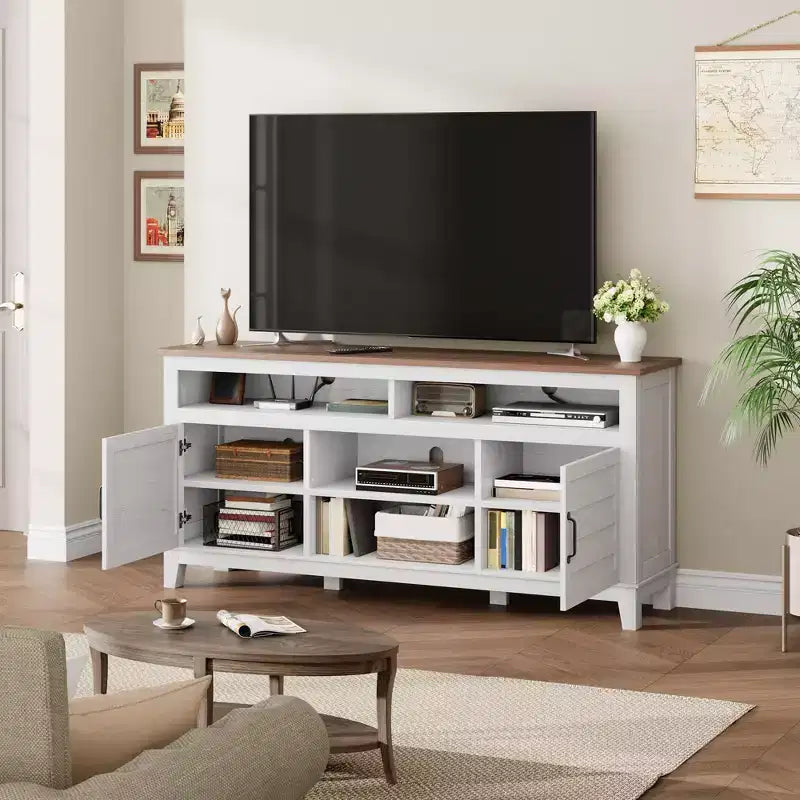 Meuble TV moderne de style rustique, 65 pouces, avec console multimédia, meuble à deux portes ouvertes et 8 étagères de rangement