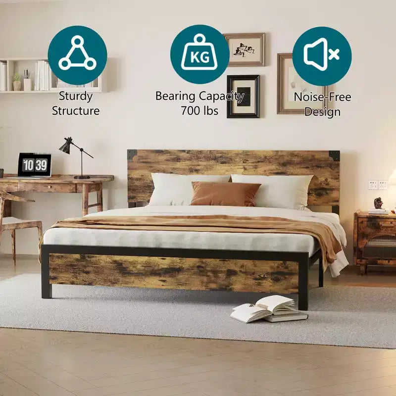 Cadre de lit avec rangement sous le lit, lit plateforme en métal avec tête de lit en bois, aucun sommier tapissier requis