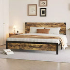 Cadre de lit avec rangement sous le lit, lit plateforme en métal avec tête de lit en bois, aucun sommier tapissier requis
