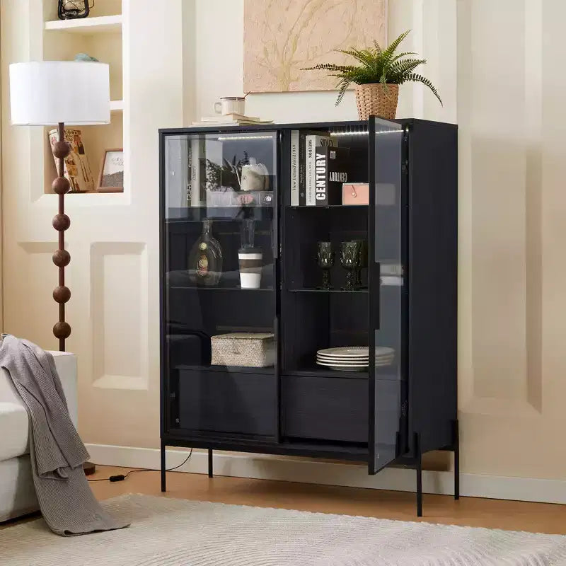 Okak Bahut autoportant avec porte vitrée et LED, vitrine 4 étagères avec 2 tiroirs pour salon cuisine