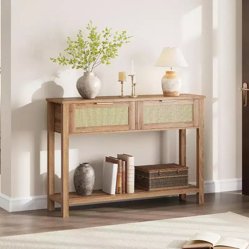 Table d'entrée en rotin avec tiroirs, console bohème pour entrée, table de canapé en bois avec rangement, console à 2 niveaux pour salons, couloir