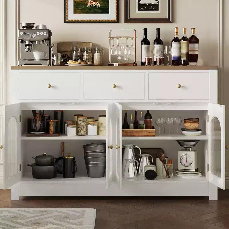 Buffet de ferme de 55 pouces avec rangement, grand buffet de cuisine étroit en bois avec 3 tiroirs et 4 portes pour bar à café