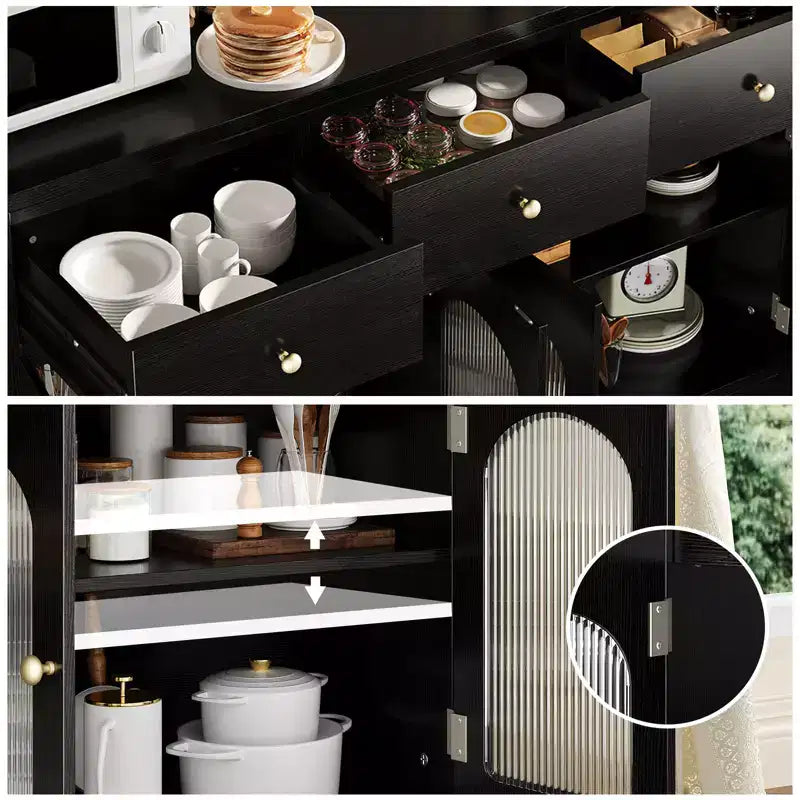 Buffet de ferme de 55 pouces avec rangement, grand buffet de cuisine étroit en bois avec 3 tiroirs et 4 portes pour bar à café