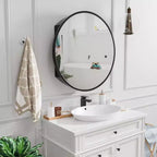 PexFix Armoire de toilette ronde noire 24 pouces avec miroir, montage en surface, cadre métallique, étagères amovibles pour salle de bain