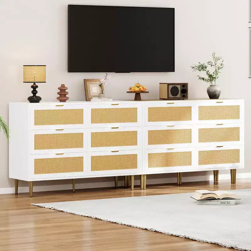 Commode 6 tiroirs en rotin - Commode de rangement moderne avec accents dorés pour chambre et salon