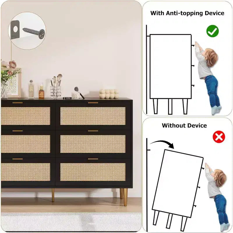 Commode 6 tiroirs en rotin - Commode de rangement moderne avec accents dorés pour chambre et salon