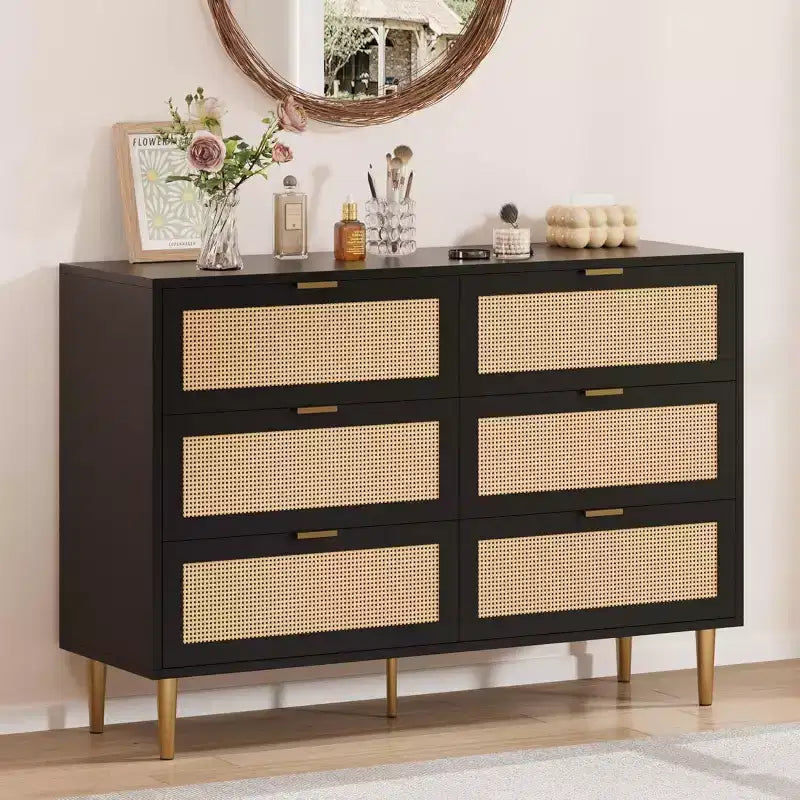 Commode 6 tiroirs en rotin - Commode de rangement moderne avec accents dorés pour chambre et salon