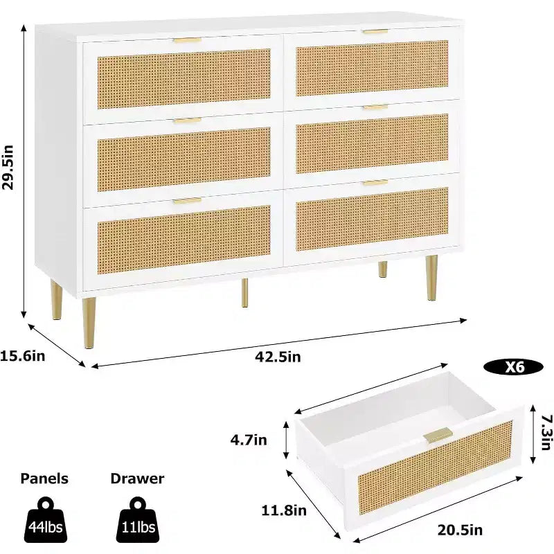 Commode 6 tiroirs en rotin - Commode de rangement moderne avec accents dorés pour chambre et salon