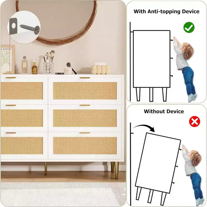 Commode 6 tiroirs en rotin - Commode de rangement moderne avec accents dorés pour chambre et salon